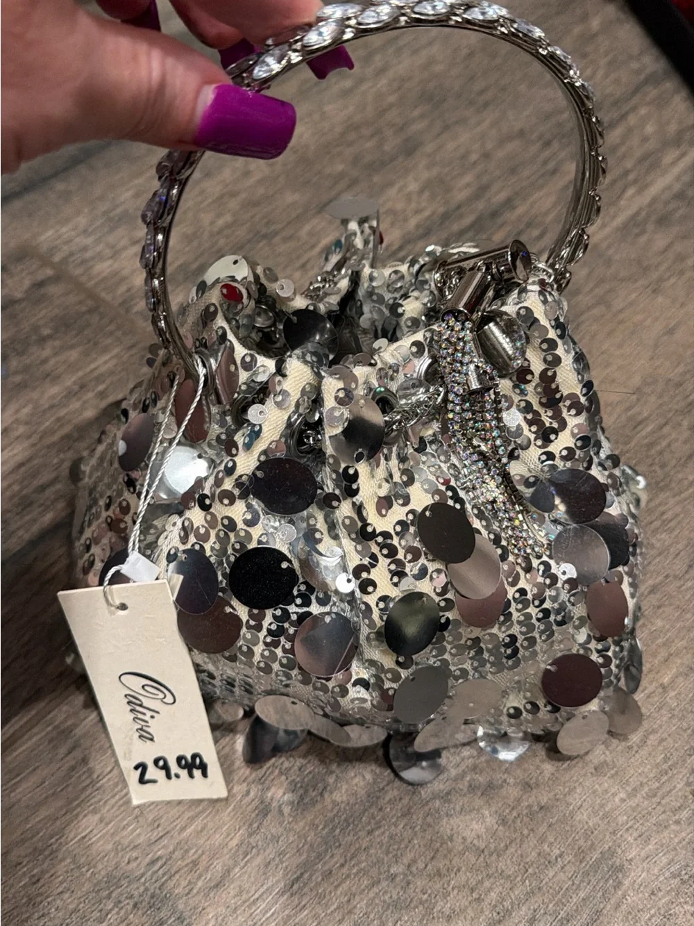 Sequin Drawstring Wristlet Clutch in Silver